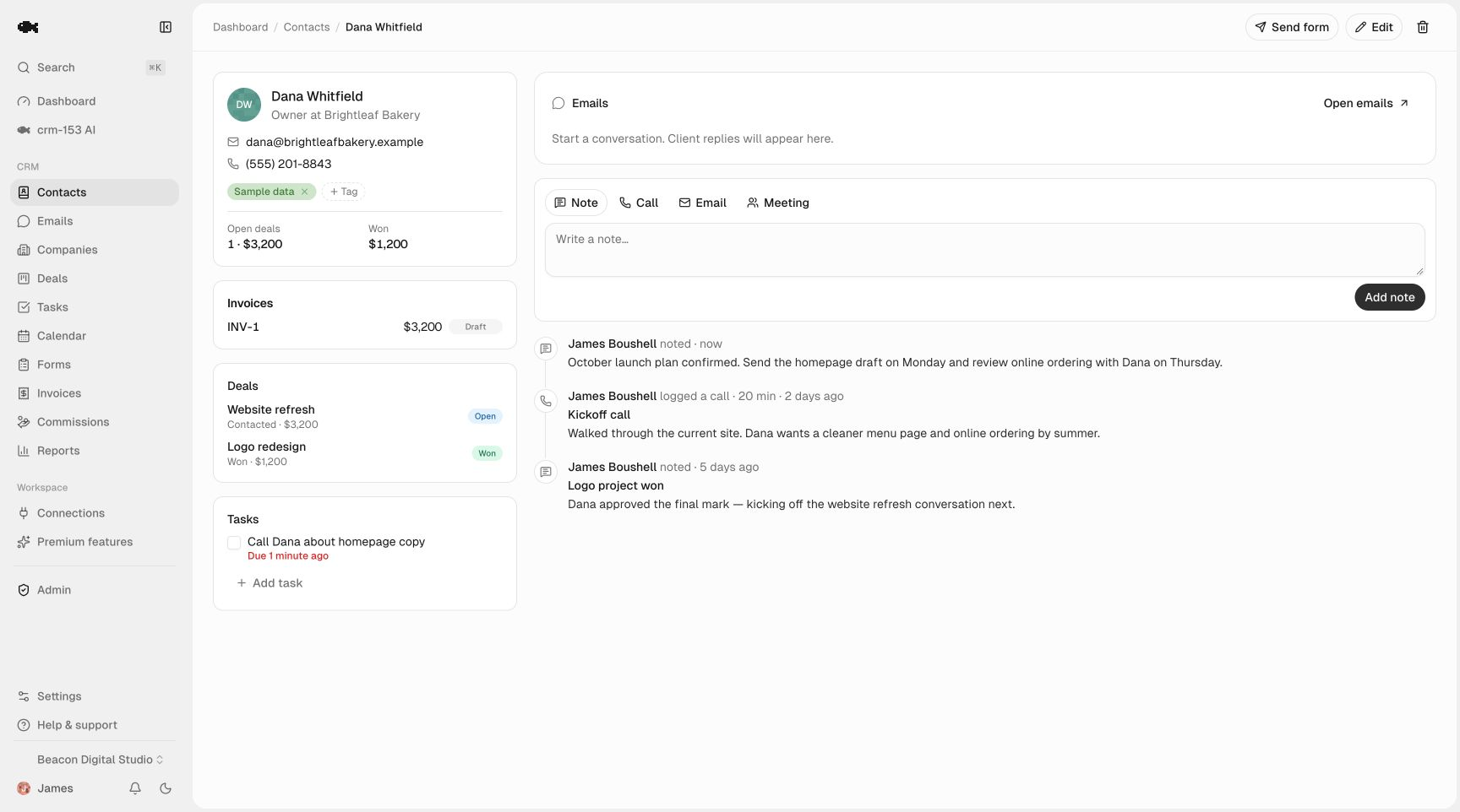 A contact record in crm-153 with the full activity timeline of calls, emails, and notes next to open deals and tasks