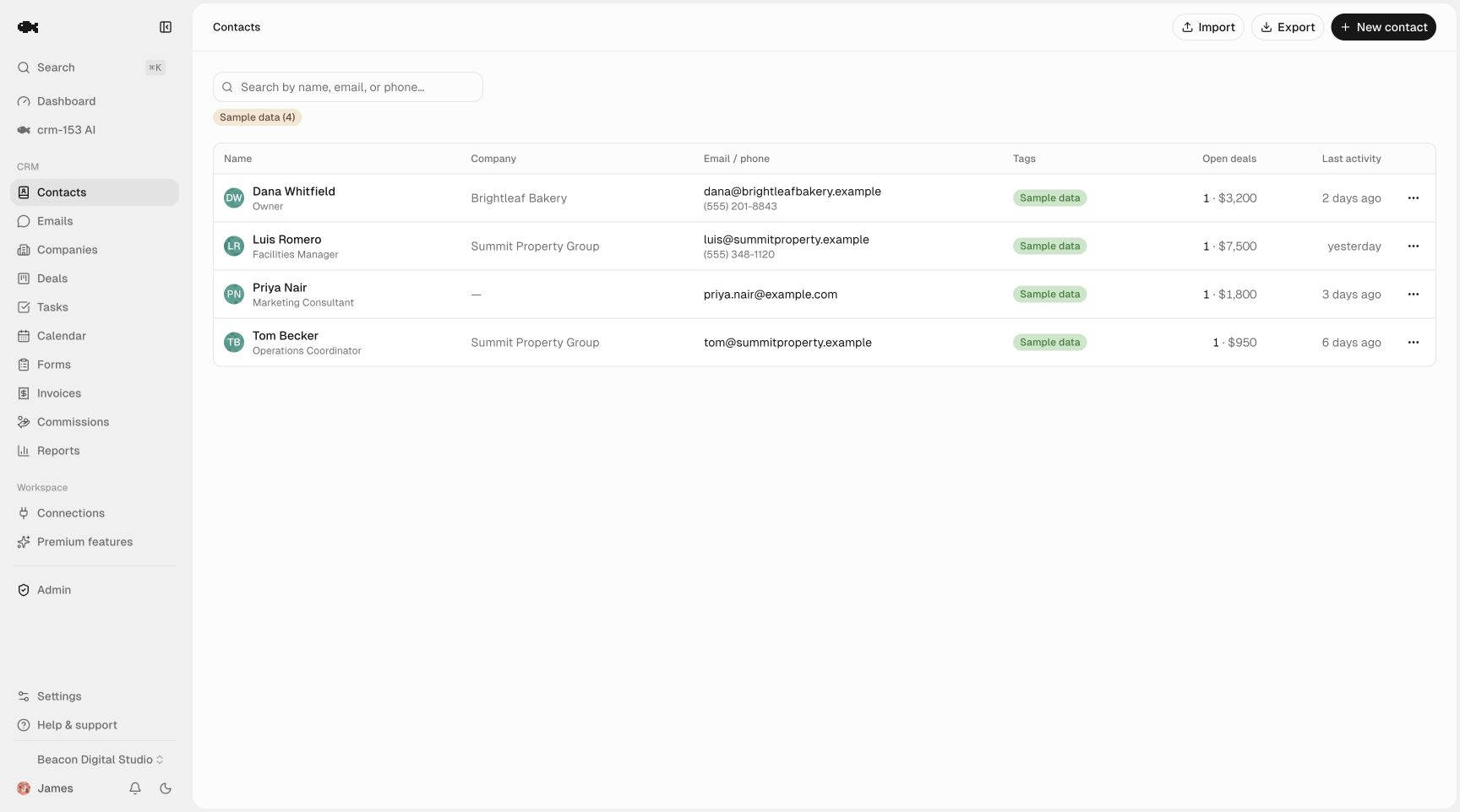 The crm-153 contact list showing searchable contacts with companies, tags, open deal values, and last activity