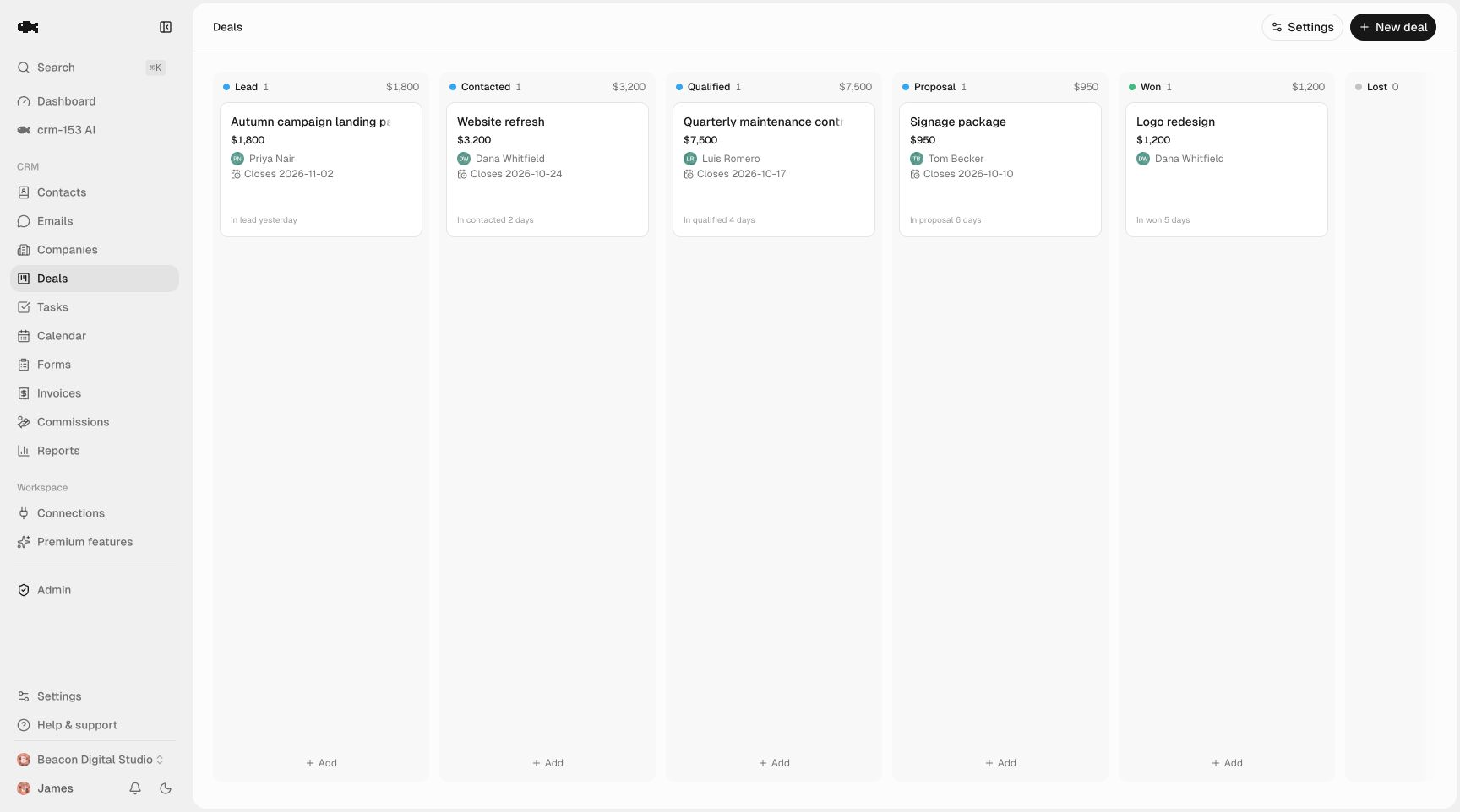 A drag-and-drop sales pipeline board in crm-153 with deals organized in stage columns and per-column value totals
