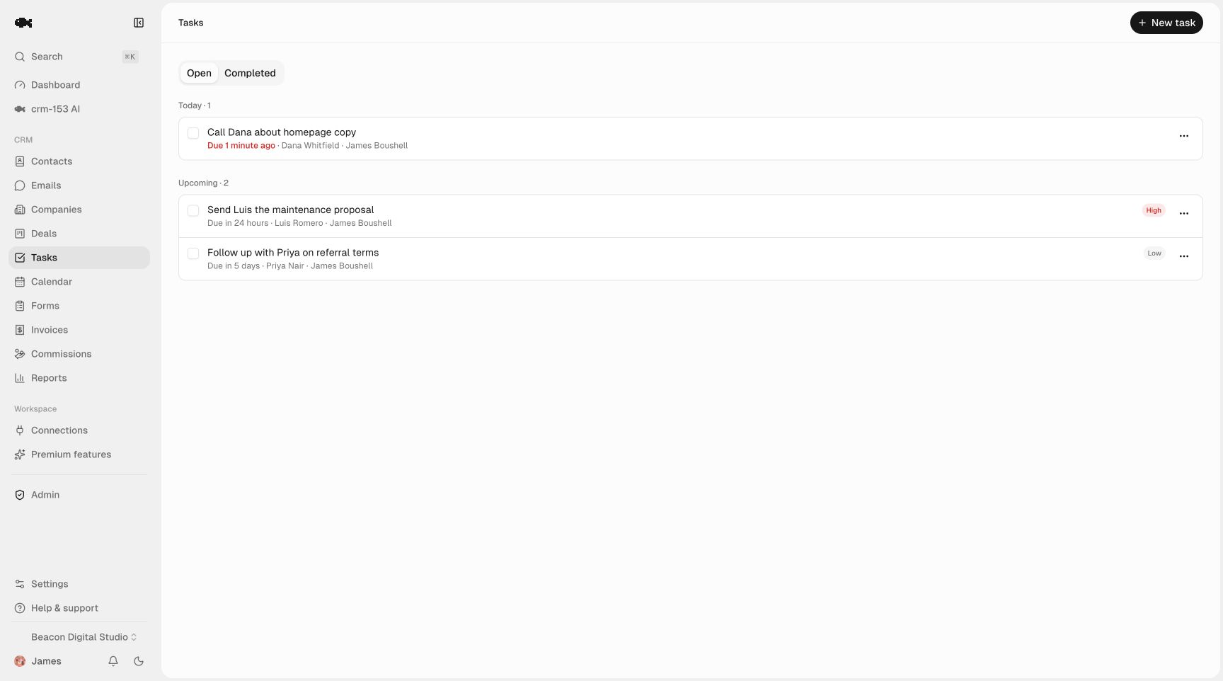 The crm-153 tasks page with follow-ups grouped into Today, Overdue, and Upcoming